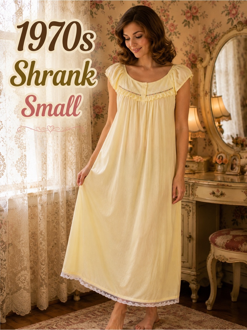 Vintage 1970s Shrank Yellow Nightgown Small Cotton Blend Cottagecore